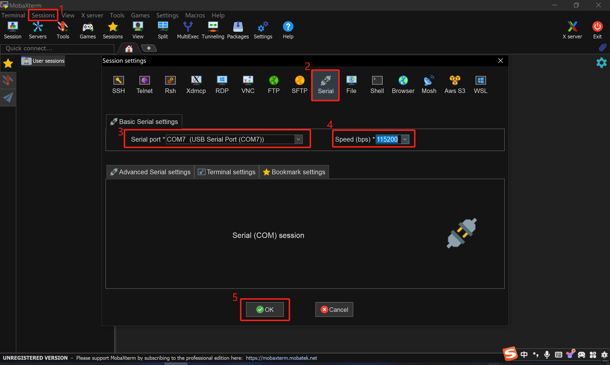 Example of creating a new serial session in MobaXterm